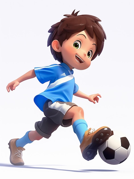 cartoon boy kicking a soccer ball with a white background generative ai