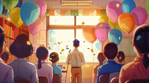 a cartoon of a boy looking out a window with balloons in the background