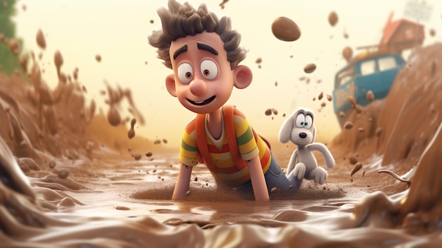 Cartoon boy in mud with a dog and a car in the background generative ai