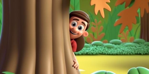 Cartoon boy peeking out from behind a tree in a forest generative ai