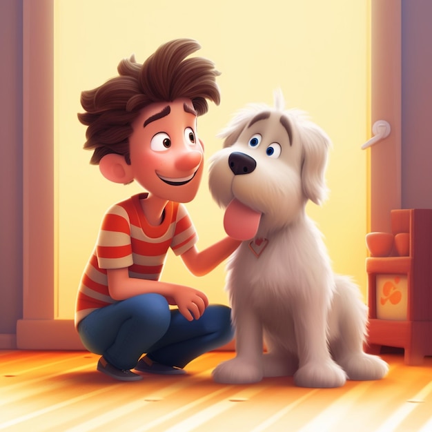 Cartoon boy petting a dog in a room with a window generative ai