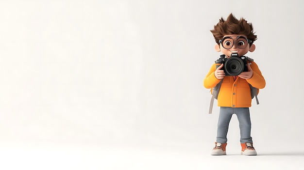 Photo cartoon boy photographer with camera 3d rendered