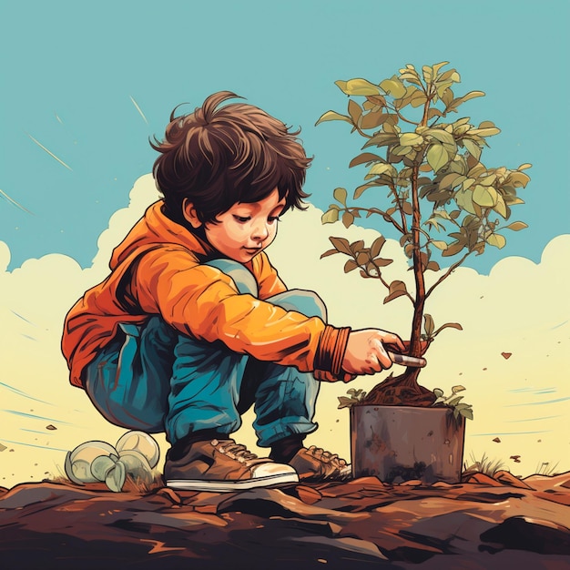 a cartoon boy planting a tree