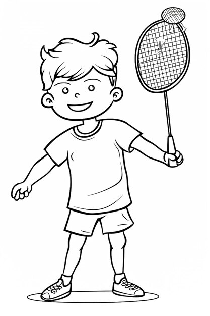 Photo cartoon boy playing badminton black and white line art