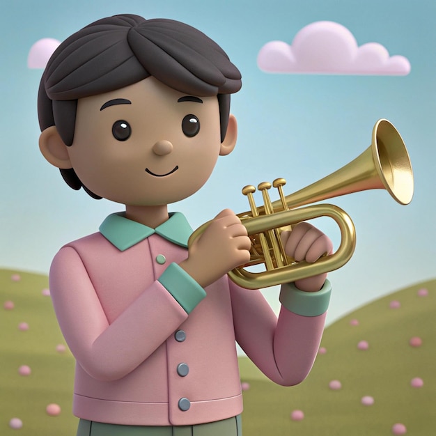 Photo a cartoon of a boy playing a trumpet with a sky in the background