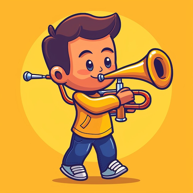 a cartoon of a boy playing a trumpet with a yellow background