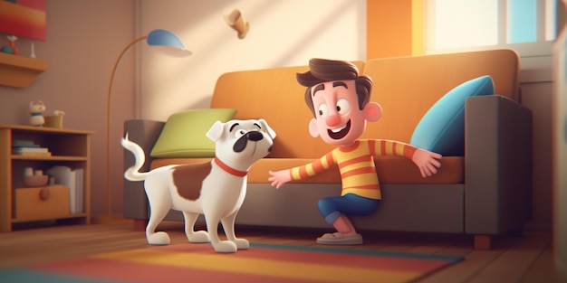 Cartoon boy playing with a dog in a living room generative ai