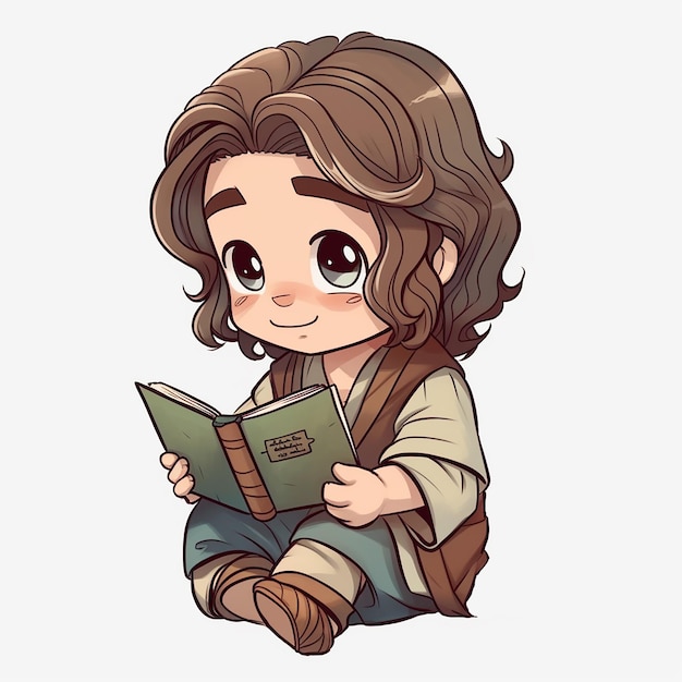 A cartoon of a boy reading a book with the name lord of the rings on it.