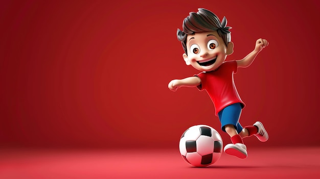 Cartoon boy in red and blue soccer uniform kicks a soccer ball on red background