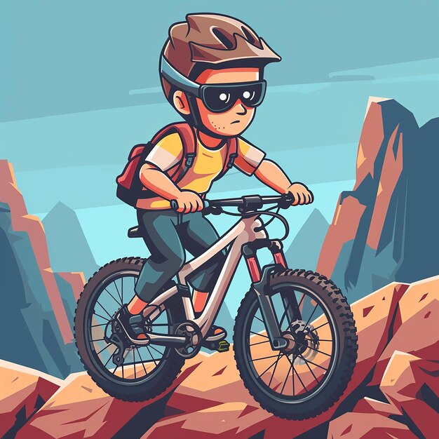 Photo a cartoon of a boy riding a bike on a mountain