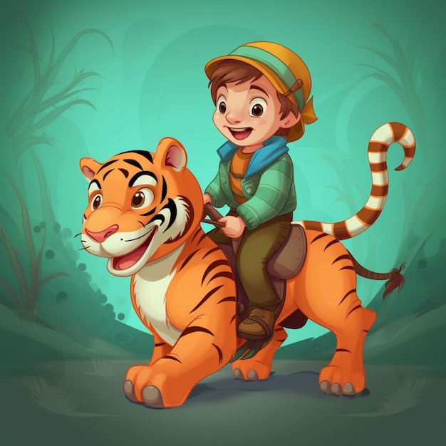 Cartoon boy riding a tiger in a jungle generative ai