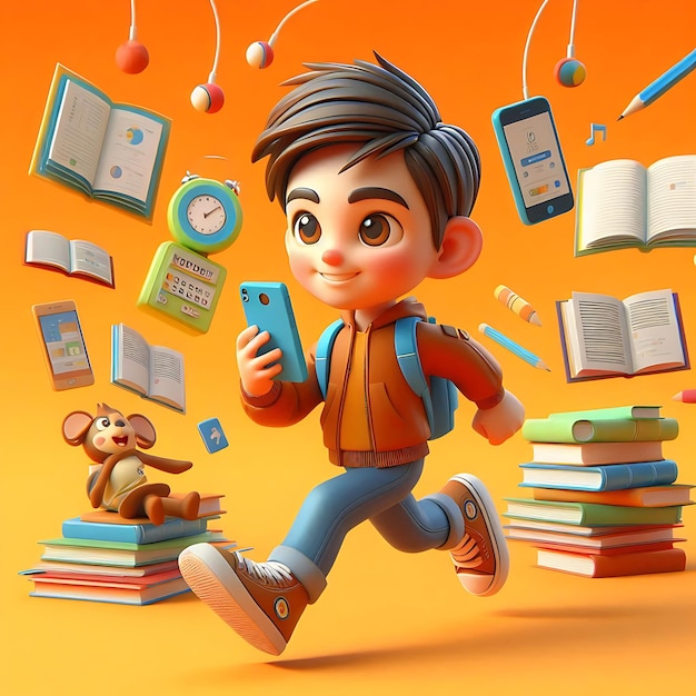 A cartoon boy running through an orange background