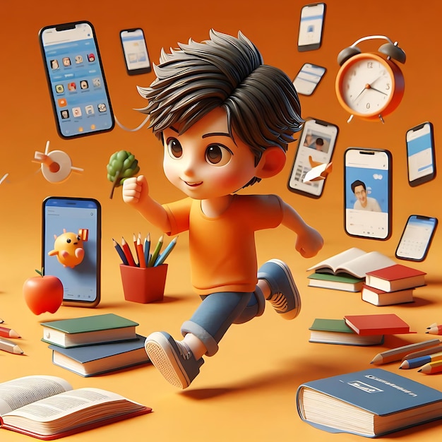 A cartoon boy running through an orange background