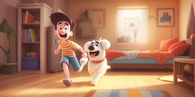 Cartoon boy running with a dog in a room generative ai