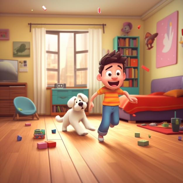 Cartoon boy running with a dog in a room with toys generative ai