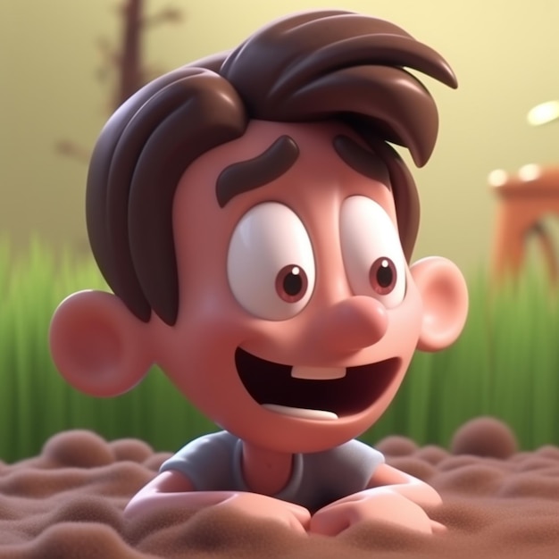 Cartoon boy in the sand with a deer in the background generative ai