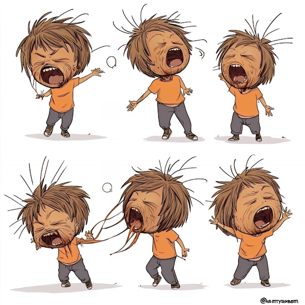 Photo cartoon boy screaming in various poses