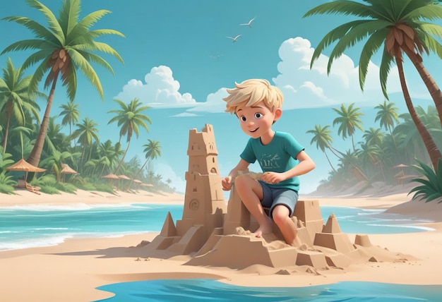 Photo a cartoon of a boy sitting on a beach with palm trees and a building in the background