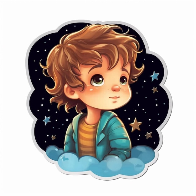 a cartoon boy sitting on a cloud with stars in the sky generative ai