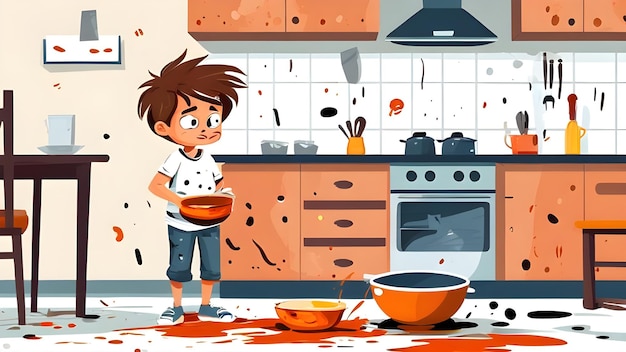 Photo a cartoon boy stands in a kitchen with a pan of food in front of him