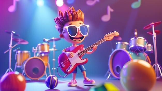 Cartoon boy in sunglasses playing an electric guitar with a drum set behind him