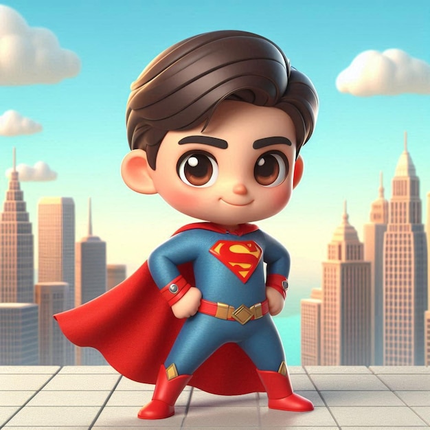 a cartoon of a boy in a superman costume with a city in the background