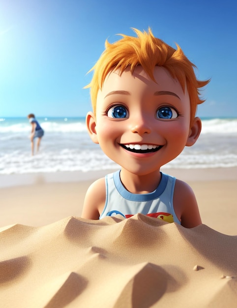 a cartoon boy in a swimsuit is playing in the sand