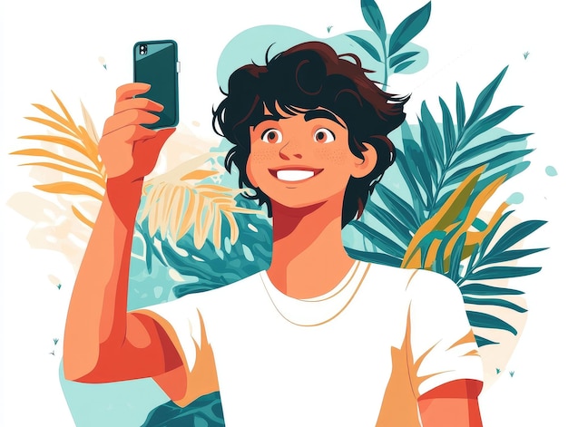 Photo a cartoon of a boy taking a picture with a cell phone