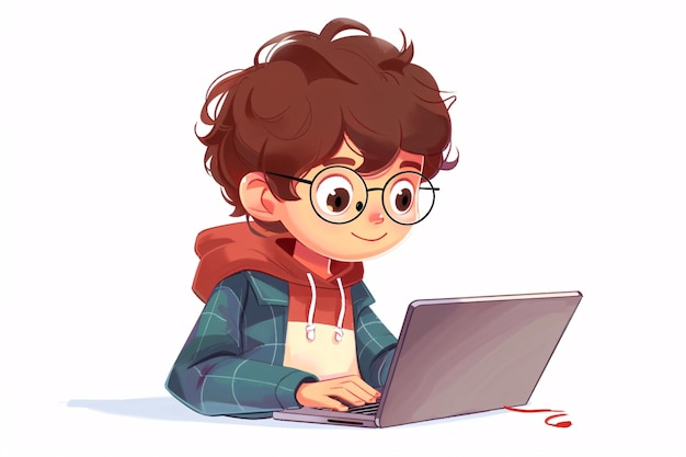 a cartoon of a boy using a laptop