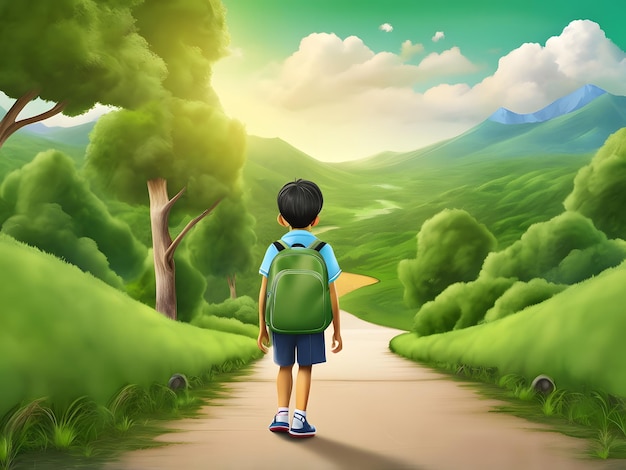 a cartoon of a boy walking down a path with a backpack on his back