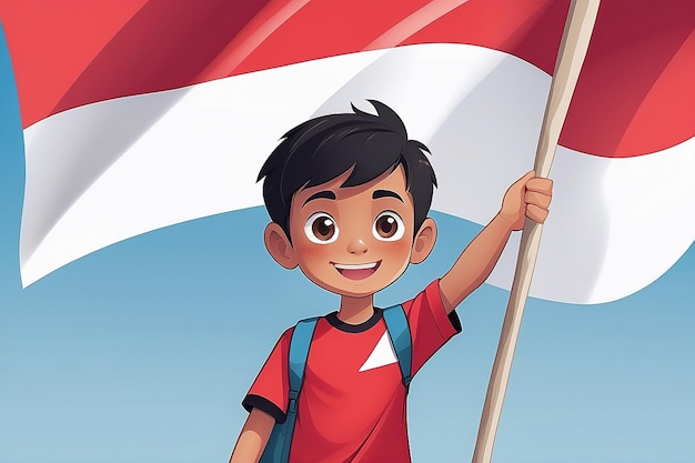 Cartoon boy waving a flag of indonesia generative ai