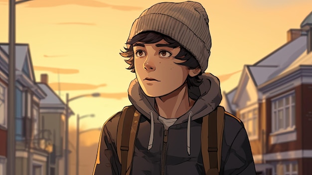 a cartoon of a boy wearing a beanie and a backpack