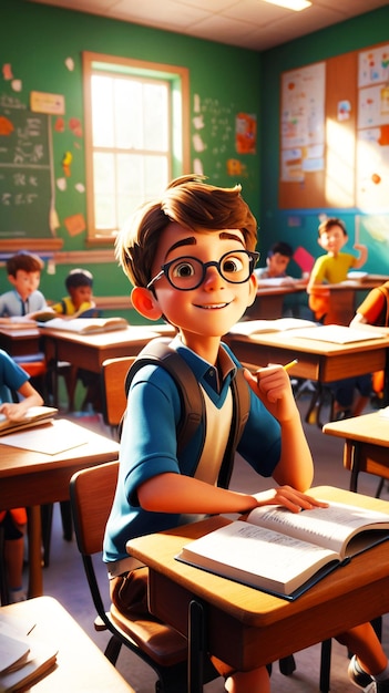 a cartoon of a boy wearing glasses and a book with the word school on the front