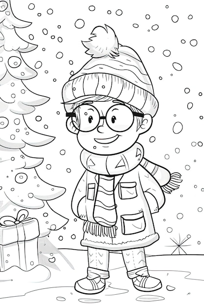 Photo a cartoon of a boy wearing glasses and a scarf with the words  xmas  on it