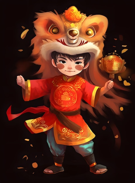 A cartoon of a boy wearing a red lion costume.