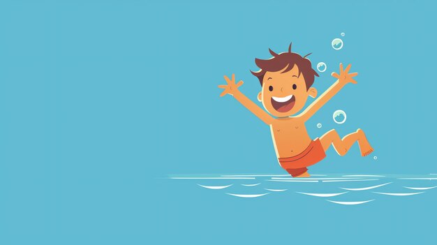 A cartoon boy with a big smile splashes in the water enjoying summer