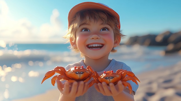 Photo a cartoon of a boy with crab crabs in his hands