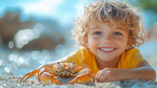 Photo a cartoon of a boy with crab crabs in his hands