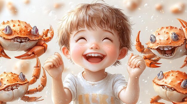 Photo a cartoon of a boy with crab crabs in his hands