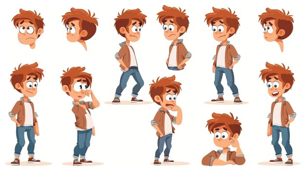 Photo a cartoon boy with different facial expressions and poses