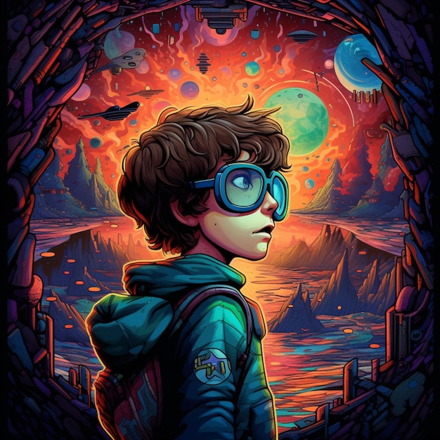 a cartoon boy with goggles and a backpack looking at a planet generative ai