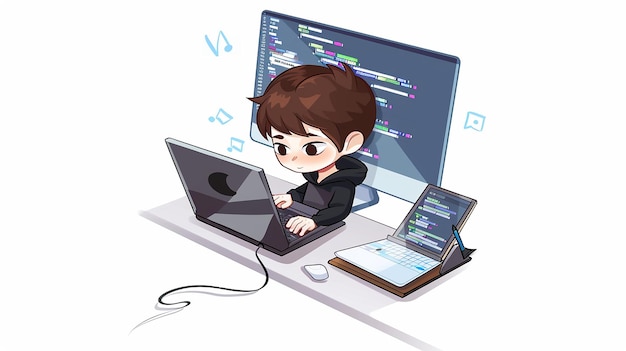 a cartoon of a boy with a laptop and a computer