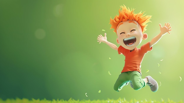 A cartoon boy with orange hair jumps in the air with a big smile on his face with green grass in the foreground and a green bokeh background