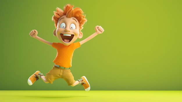 Cartoon boy with red hair jumps in the air with excitement