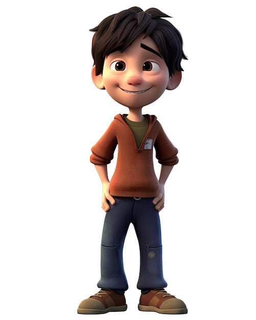 A cartoon boy with a red hoodie and blue jeans stands in a white background.