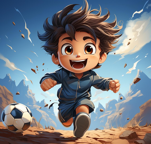 a cartoon boy with a soccer ball and a blue sky background