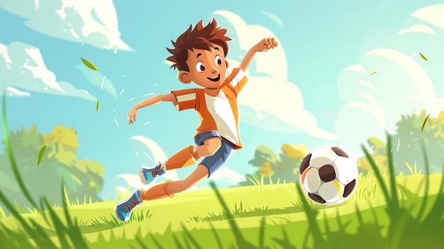 a cartoon boy with a soccer ball in the grass