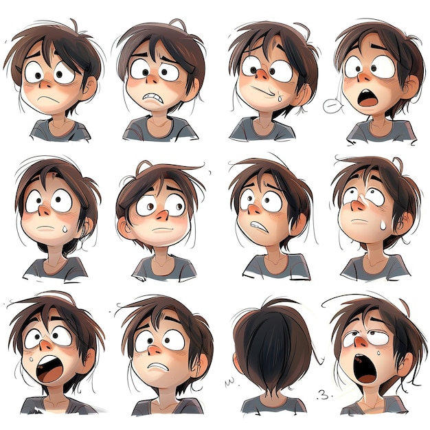 Photo cartoon boys with varied emotions and expressions