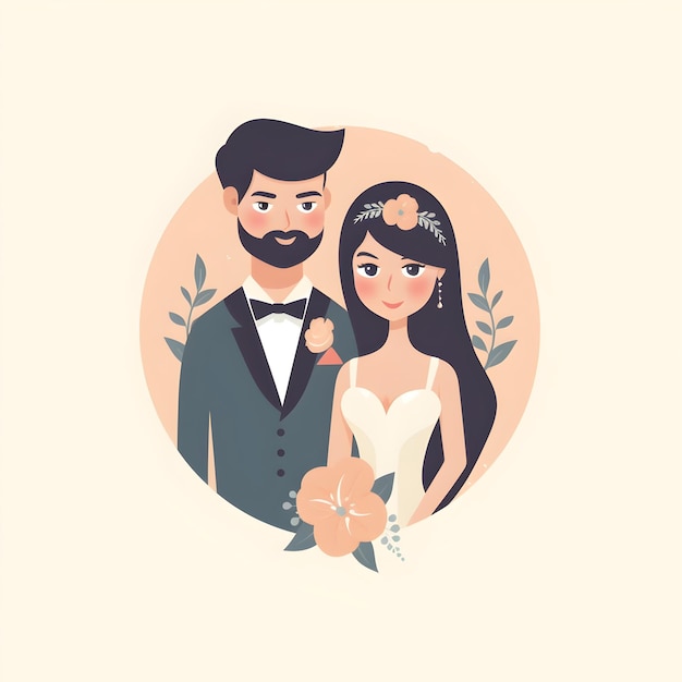 A cartoon bride and groom with a peach circle around the bottom.