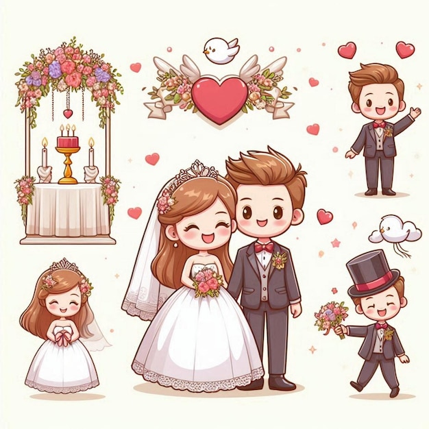 Photo a cartoon of a bride and groom